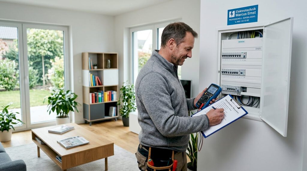 Ein Mann überprüft die Sicherheit seiner elektrischen Anlagen zu Hause anhand einer Checkliste.