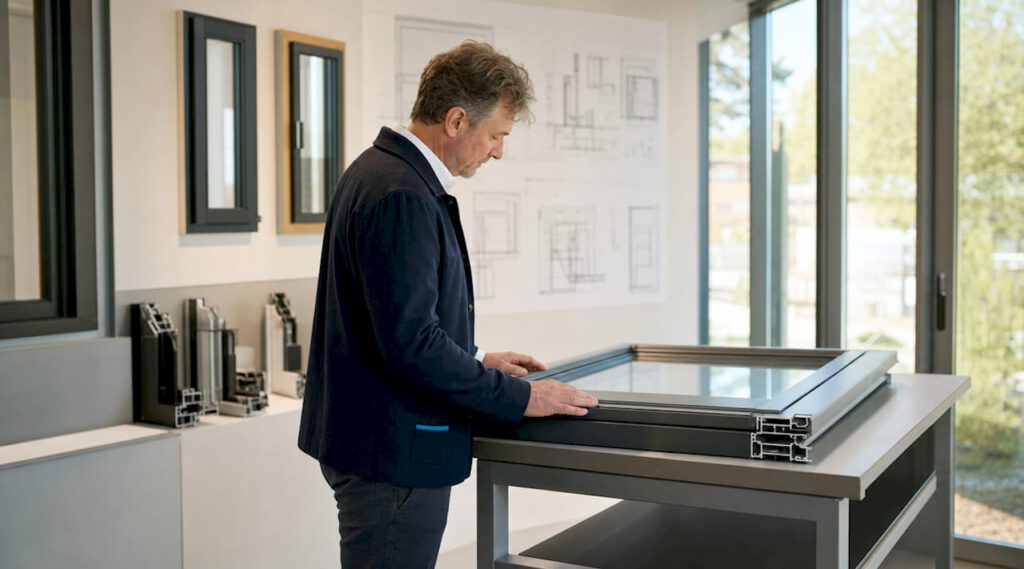 Schüco Augsburg: Fenster und Türen für 2026 1 Ein Architekt begutachtet im Showroom einen Fensterrahmen von Schüco.