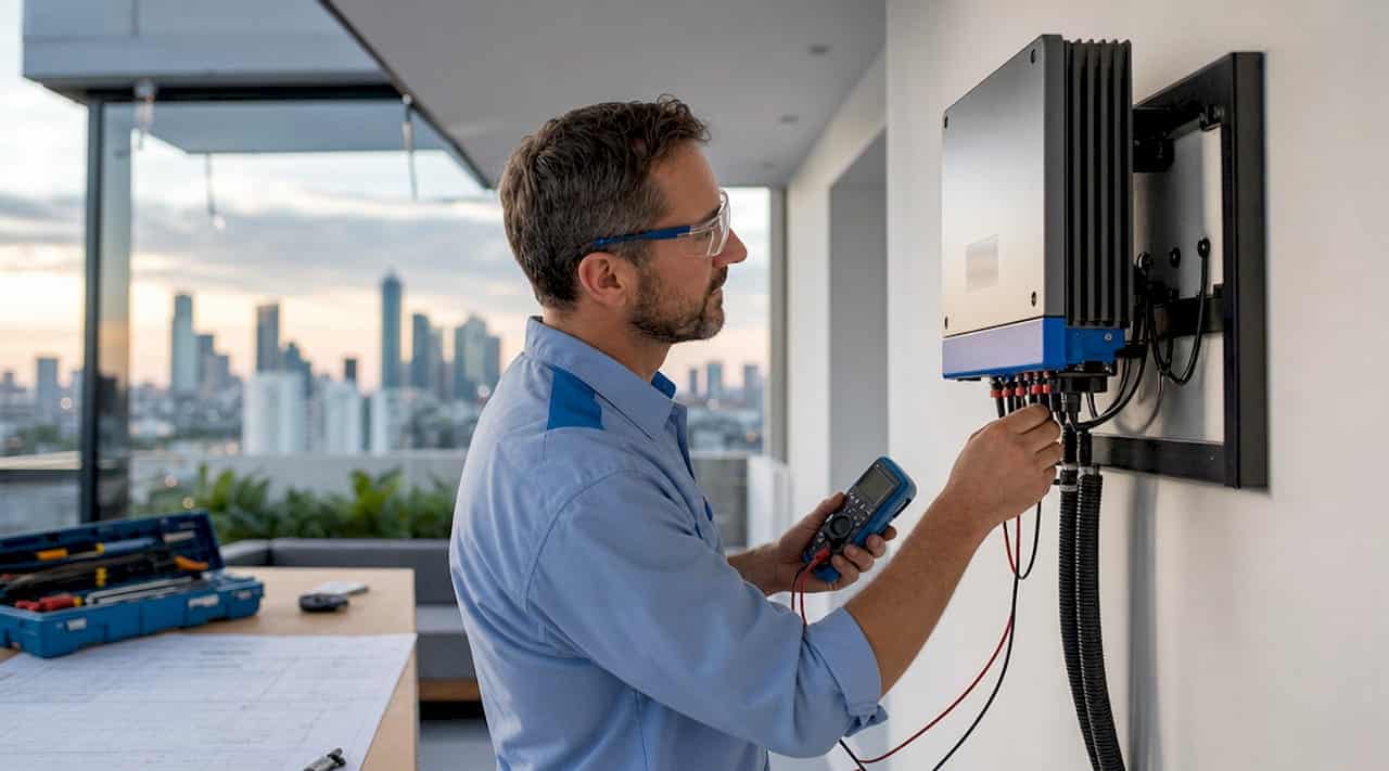 Ein Servicetechniker überprüft den Wechselrichter einer Solaranlage direkt auf dem Dach.