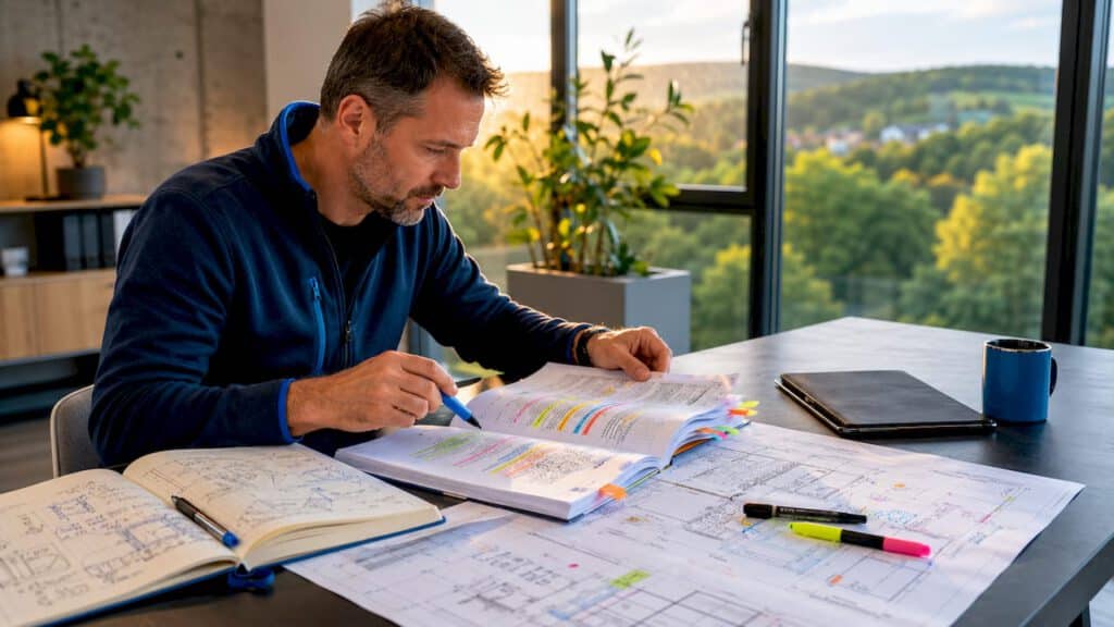 Ein Elektriker überprüft die aktuellen Vorschriften für Elektroinstallationen in gedruckter Form.