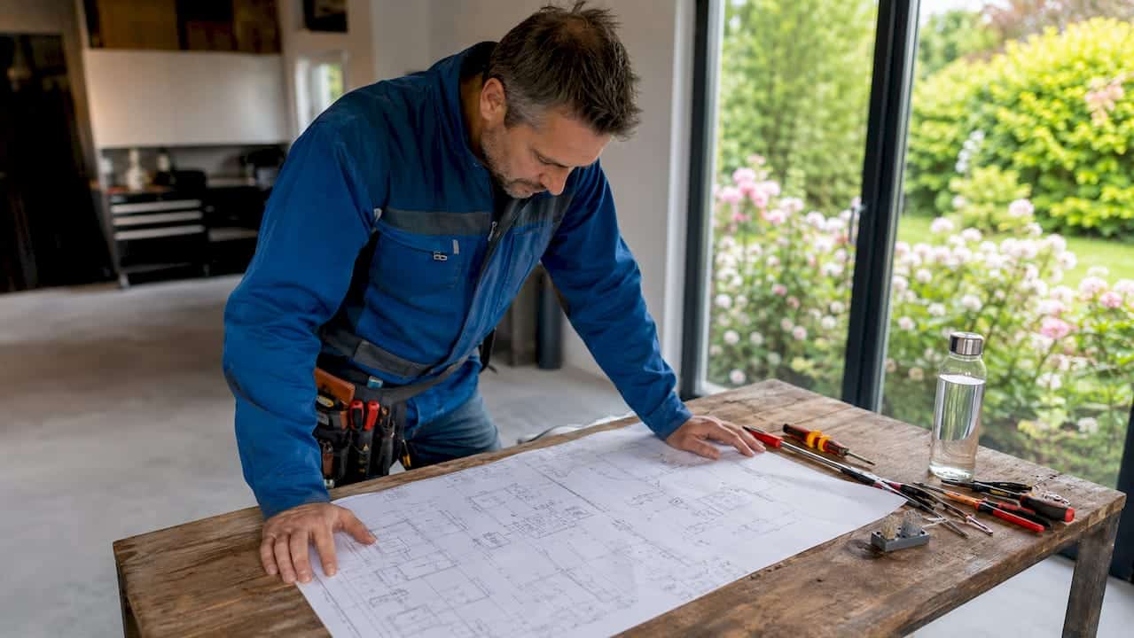Ein Elektriker prüft am Arbeitstisch sorgfältig die Schaltpläne und bereitet sich auf die Installation vor.