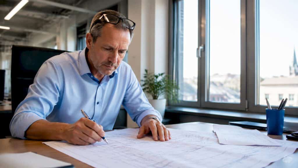 Ein Elektriker sitzt zu Hause am Schreibtisch und arbeitet an Elektroplänen.