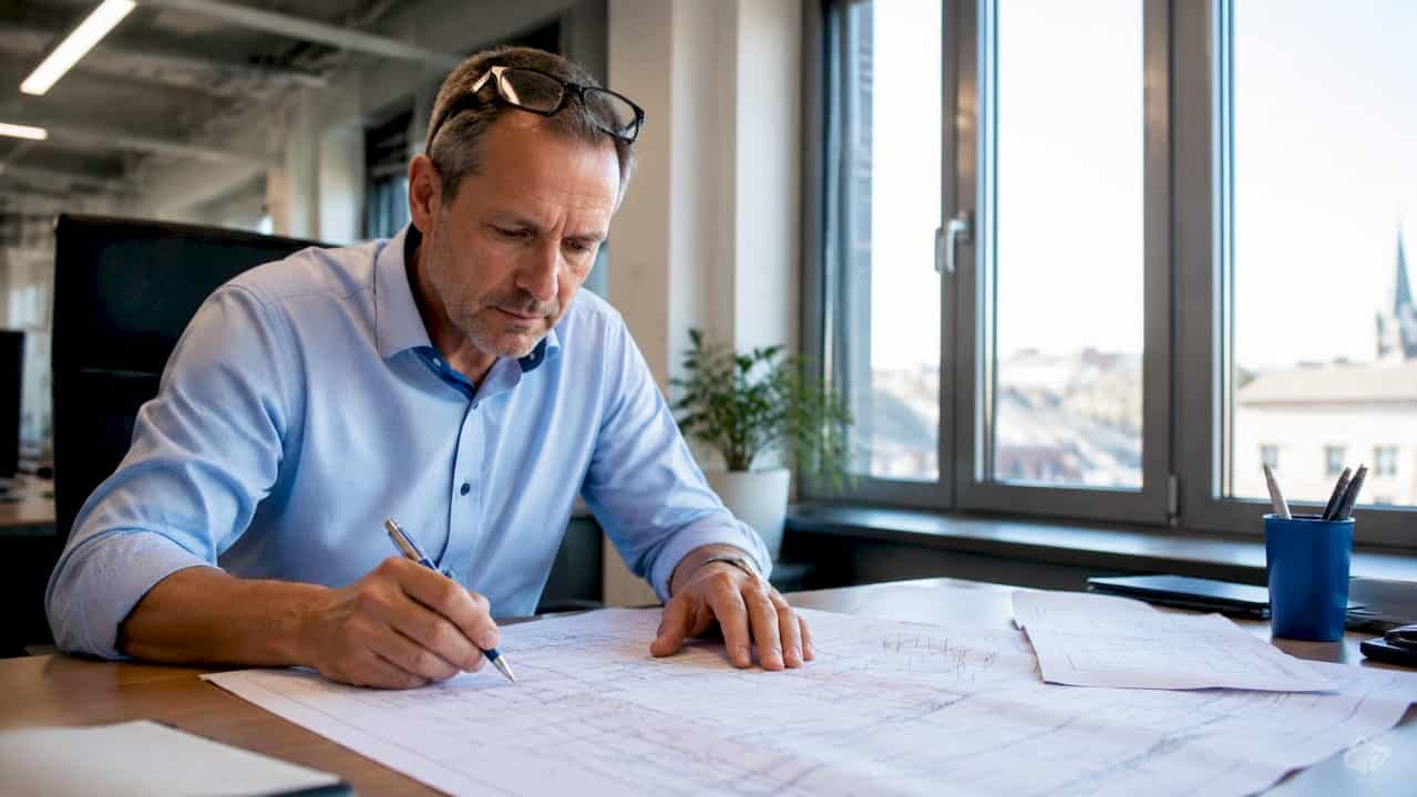 Ein Elektriker sitzt zu Hause am Schreibtisch und arbeitet an Elektroplänen.