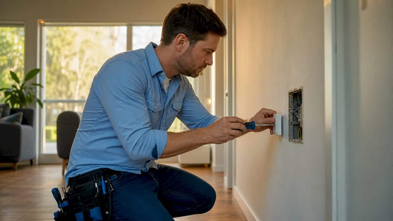 Ein Elektriker bringt einen Berker Schalterrahmen fachgerecht an.