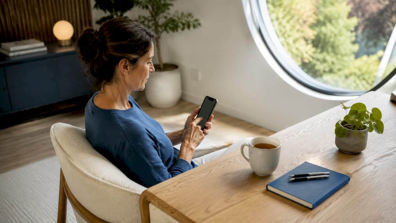 Im Wohnzimmer bedient eine Frau ihr Smart Home-System bequem per Tablet.