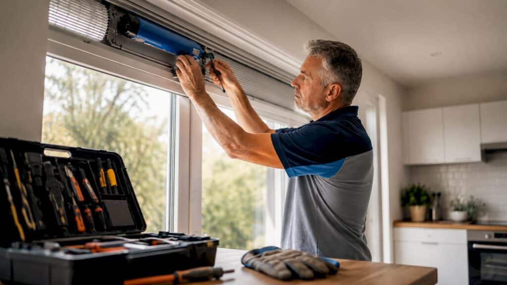 Jalousien elektrisch nachrüsten: Kosten, Typen und Tipps 1 Ein Heimwerker installiert einen elektrischen Rollladenantrieb in den eigenen vier Wänden.