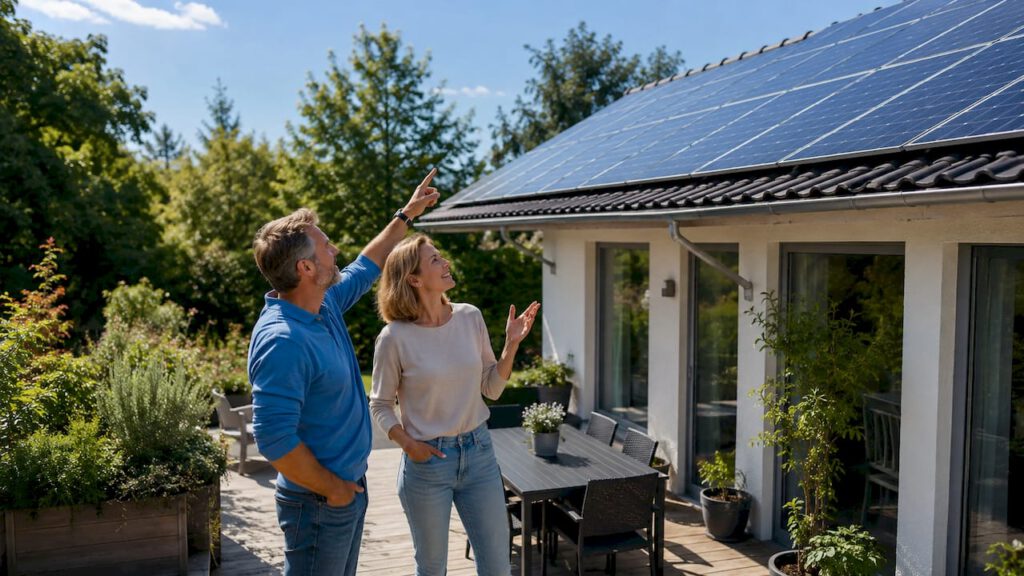 Ein Paar betrachtet stolz die Solaranlagen auf dem eigenen Hausdach.