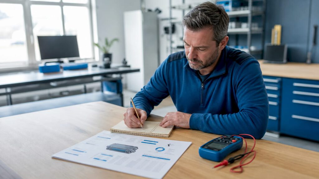 Ein Ingenieur ermittelt am Schreibtisch die benötigte Batteriekapazität.