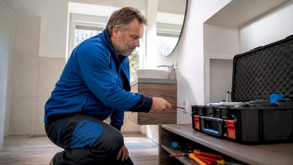 Ein Elektriker kontrolliert die Steckdose im Wohnzimmer.