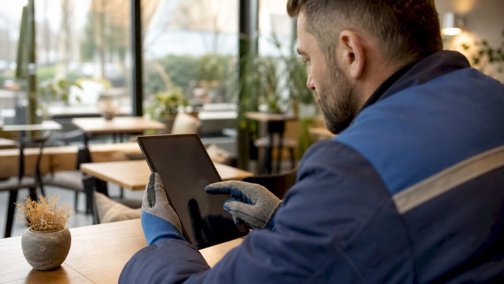 Ein Elektriker nutzt in seiner Werkstatt ein Tablet, um digital zu arbeiten.
