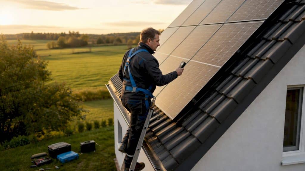 Ein Handwerker installiert Photovoltaikanlagen auf dem Dach eines Wohnhauses.
