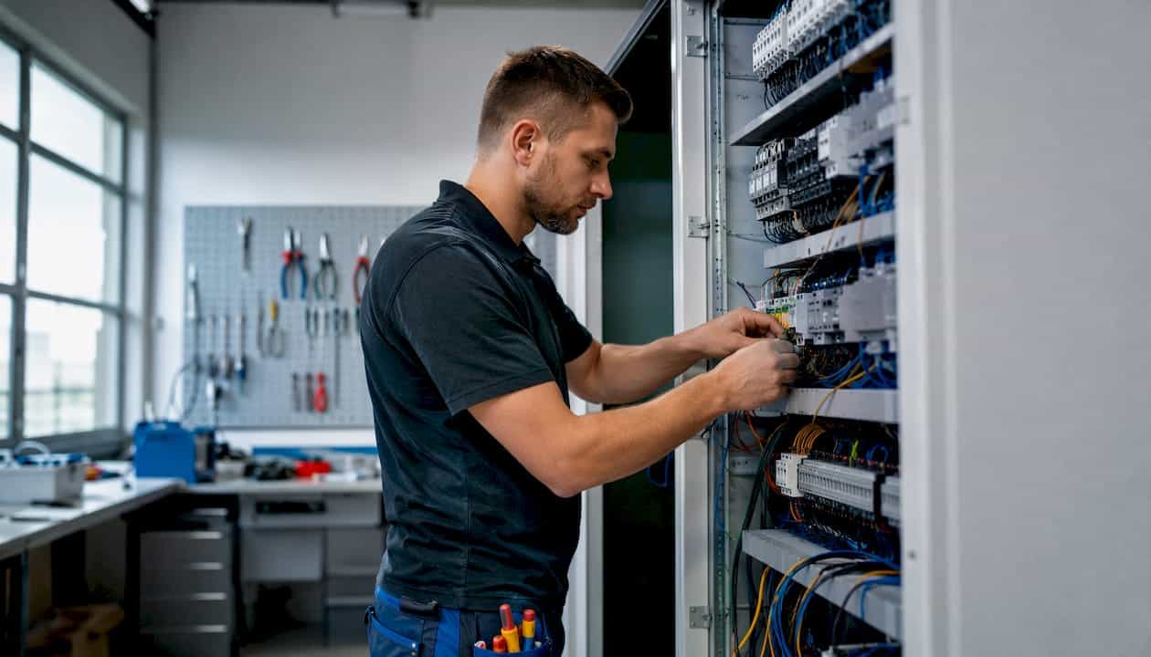 In der Werkstatt werden Kabel von Hand an die Schalttafel angeschlossen.