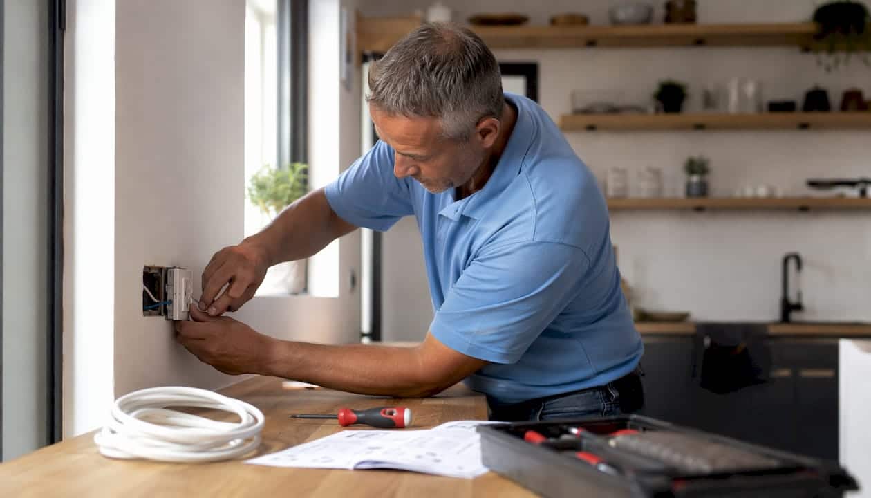 Ein Elektriker installiert eine neue Steckdose in der Wohnung.