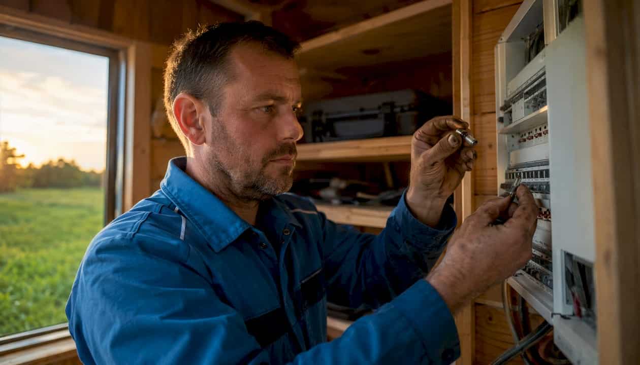 Ein Mann wechselt eine kaputte Sicherung im Verteilerkasten aus. Ein Mann wechselt eine kaputte Sicherung im Verteilerkasten aus.