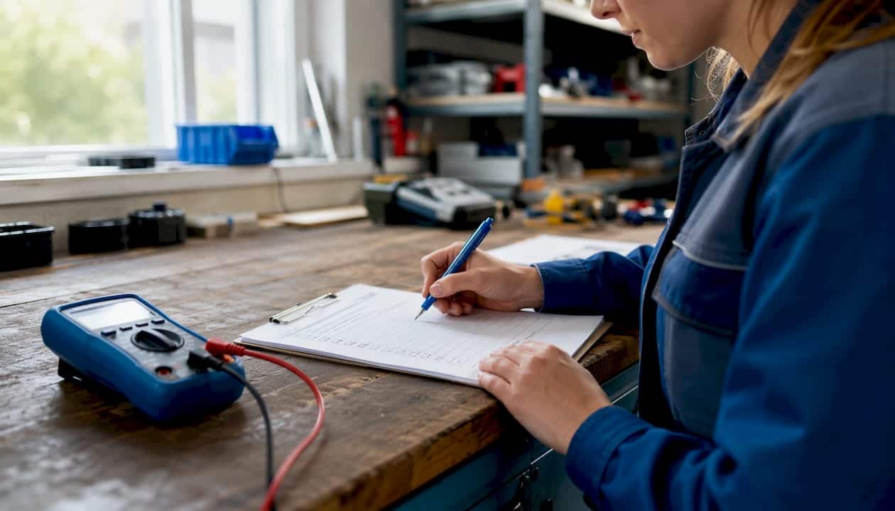 Ein Elektriker überprüft mit einem Messgerät die einzelnen Punkte auf seiner Service-Checkliste und hakt sie ab.