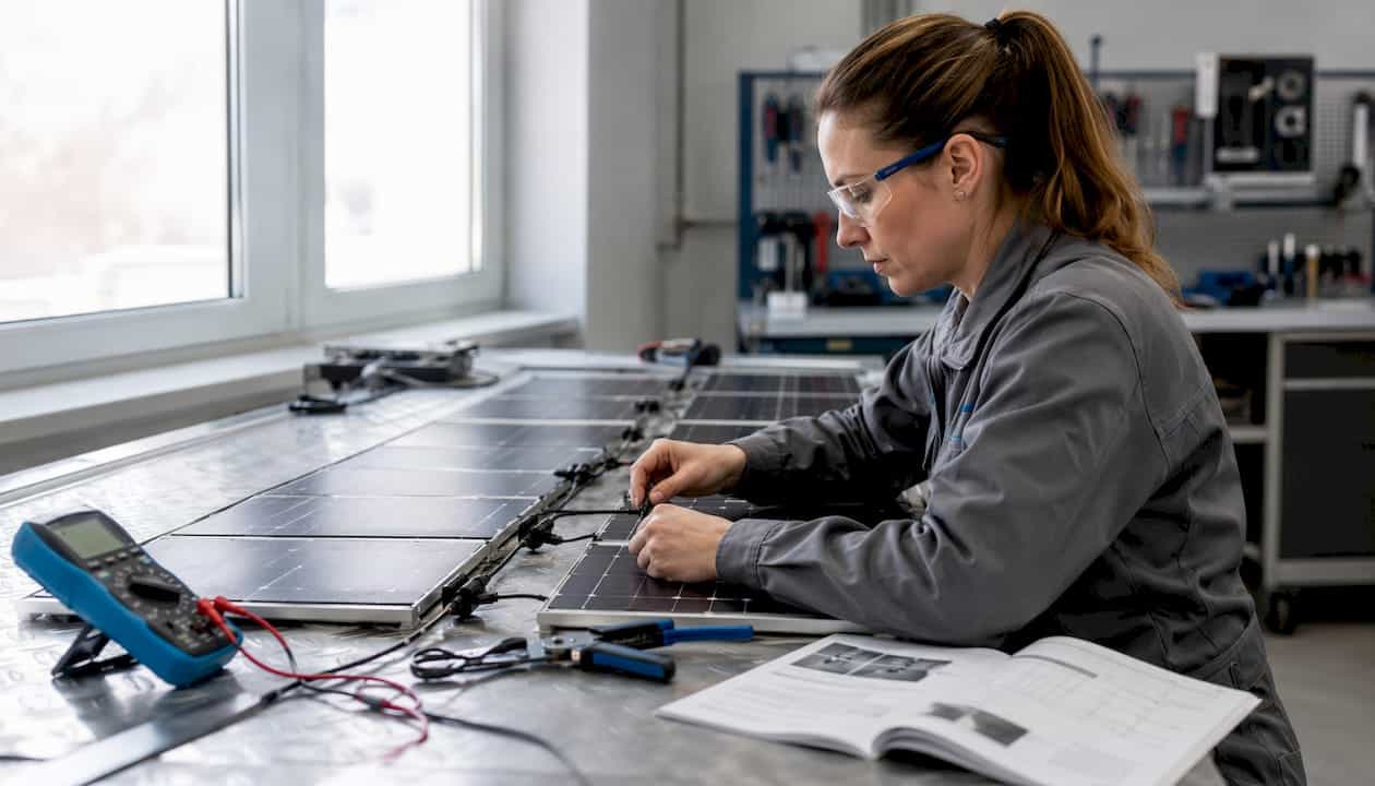 Ein Elektriker verbindet im Werk die einzelnen Photovoltaik-Module zu sogenannten Strings.
