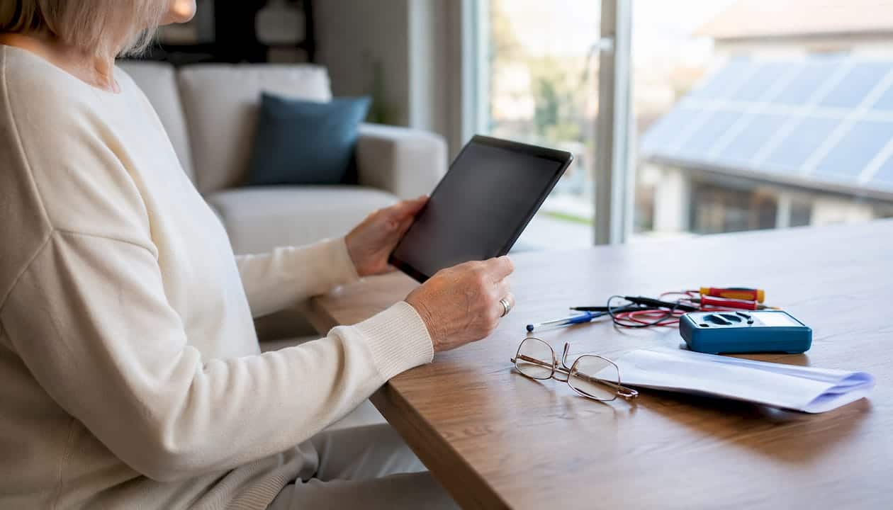 Mit einem Tablet in der Hand werden die Wartungsarbeiten einer Photovoltaikanlage überwacht.
