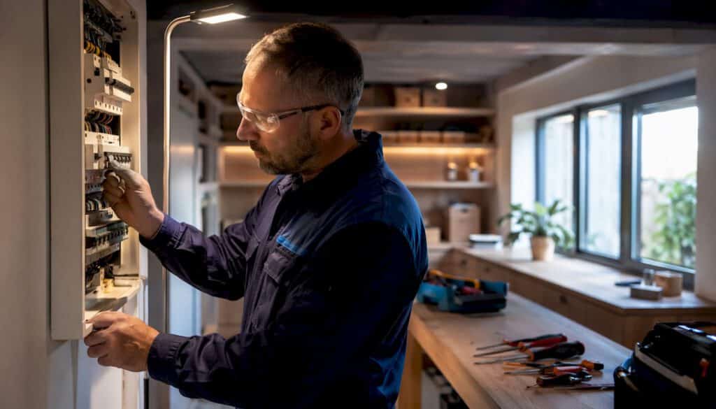 Sicherheitscheck Stromkreis: Leitfaden für Eigentümer 4 Ein Elektriker überprüft den Sicherungskasten im Haus.