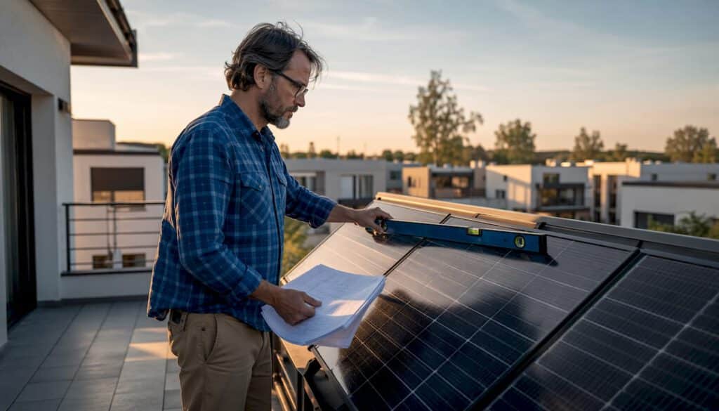 Ein Architekt prüft die auf dem neuen Dach installierten Solarmodule.