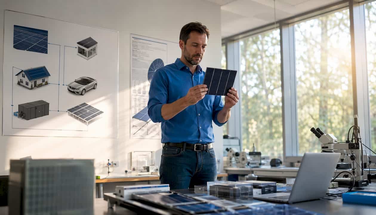 Ein Ingenieur überprüft im Labor eine Silizium-Solarzelle auf ihre Funktion und Qualität.