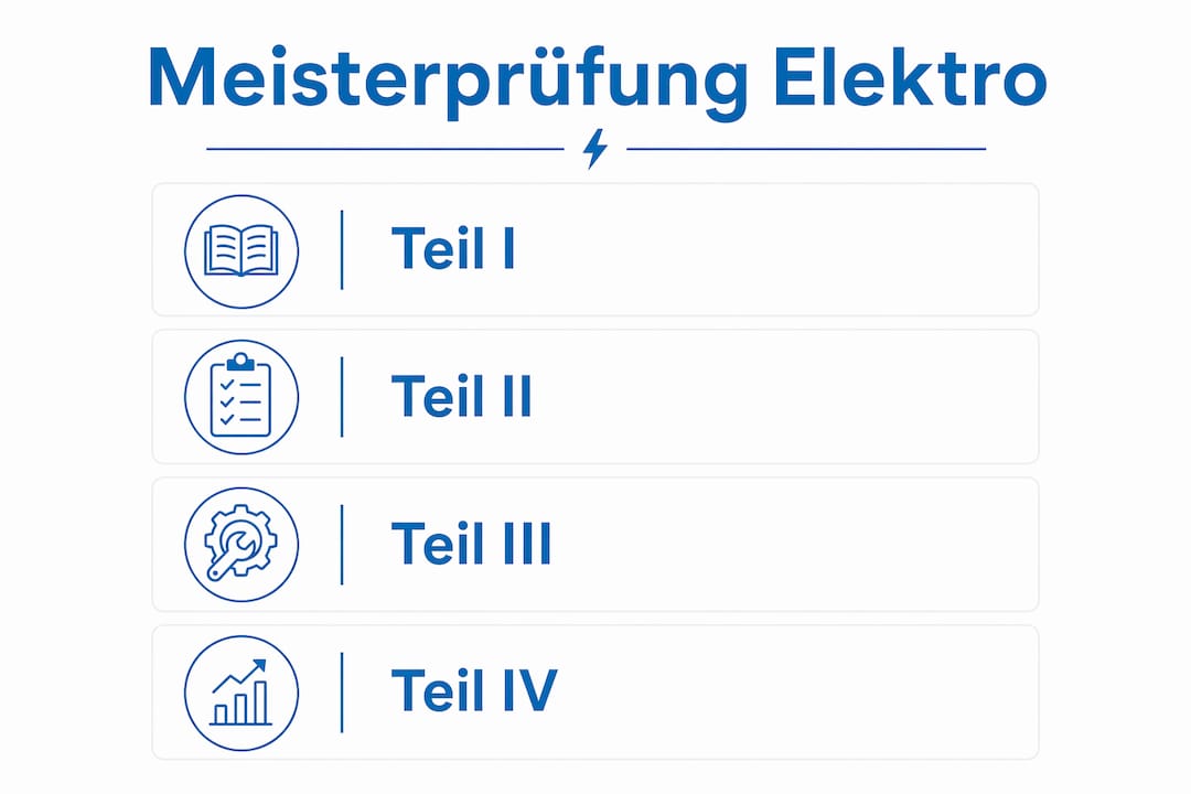 Übersichtsgrafik: Die vier Teilbereiche der Meisterprüfung im Elektrohandwerk 2015 auf einen Blick