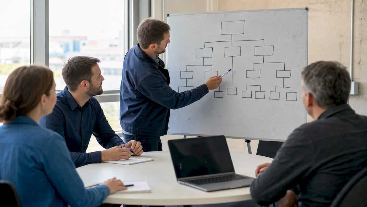 Hände weisen auf das Wartungsdiagramm