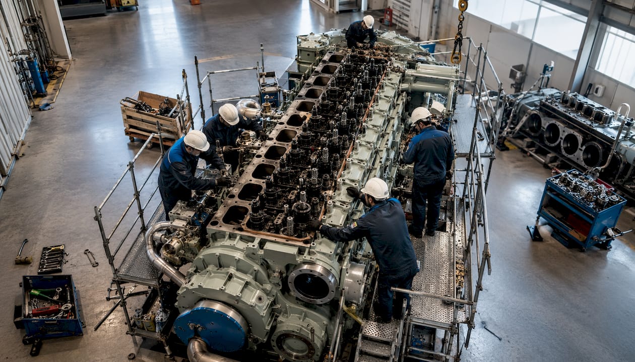 MAN Diesel & Turbo SE Augsburg: Geschichte, Produkte und Wandel 1 Techniker montieren in einer Werkshalle einen großen Dieselmotor.