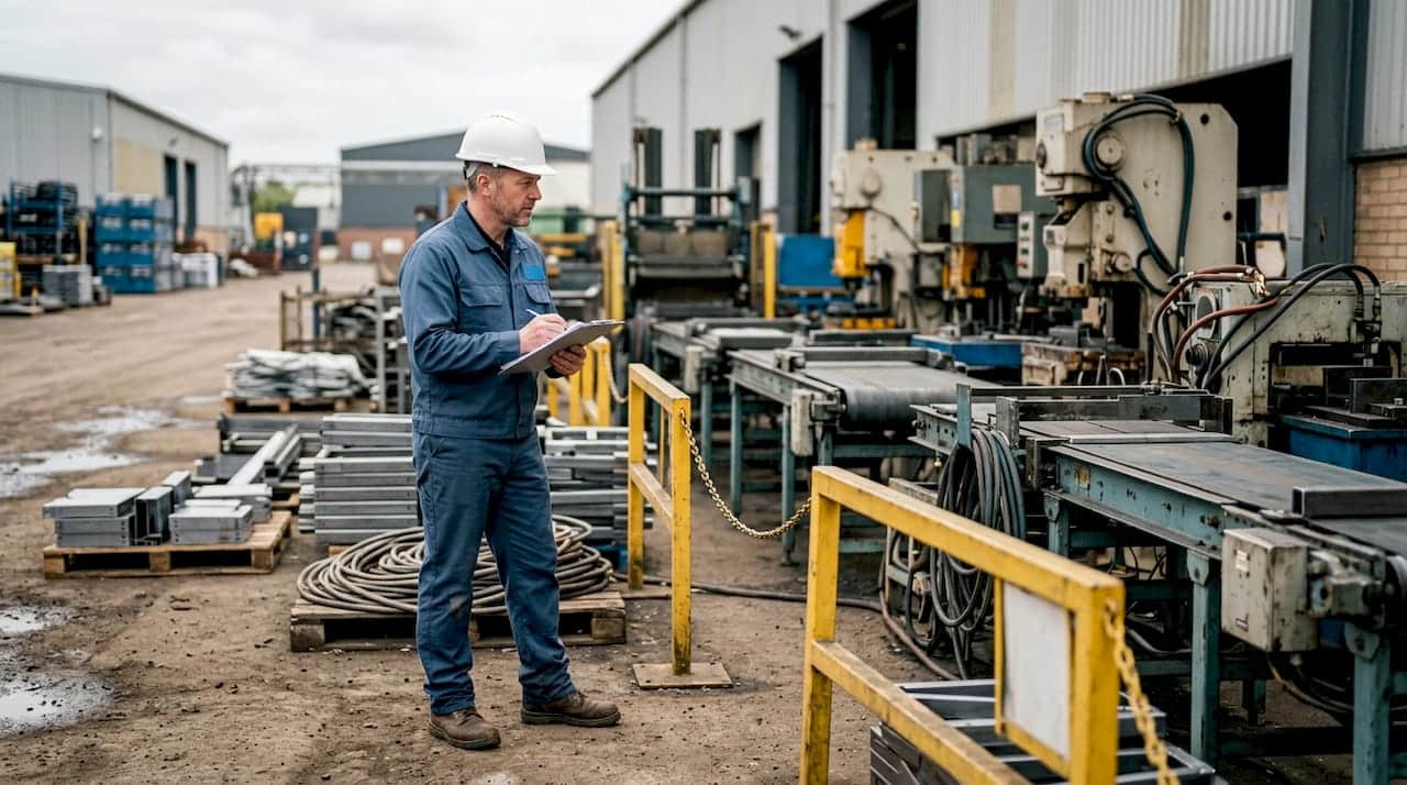 Ein Servicetechniker kontrolliert die Wartungsliste für die Produktionshalle.
