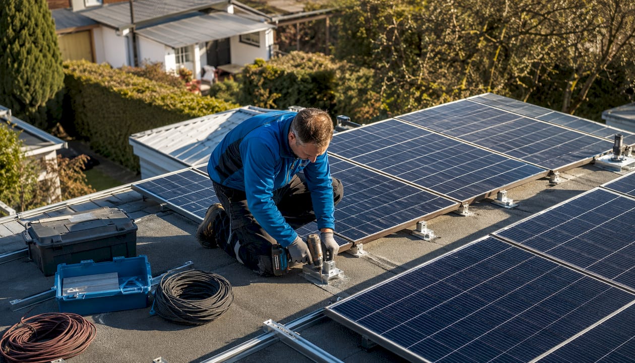 Ein Techniker montiert Solarmodule auf dem Dach eines Hauses.