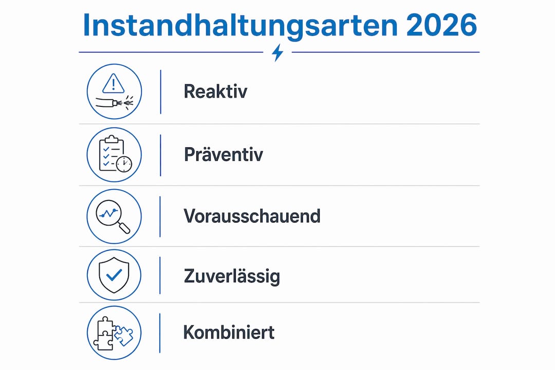 Die Infografik stellt die fünf verschiedenen Instandhaltungsarten in einer übersichtlichen vertikalen Reihenfolge dar.