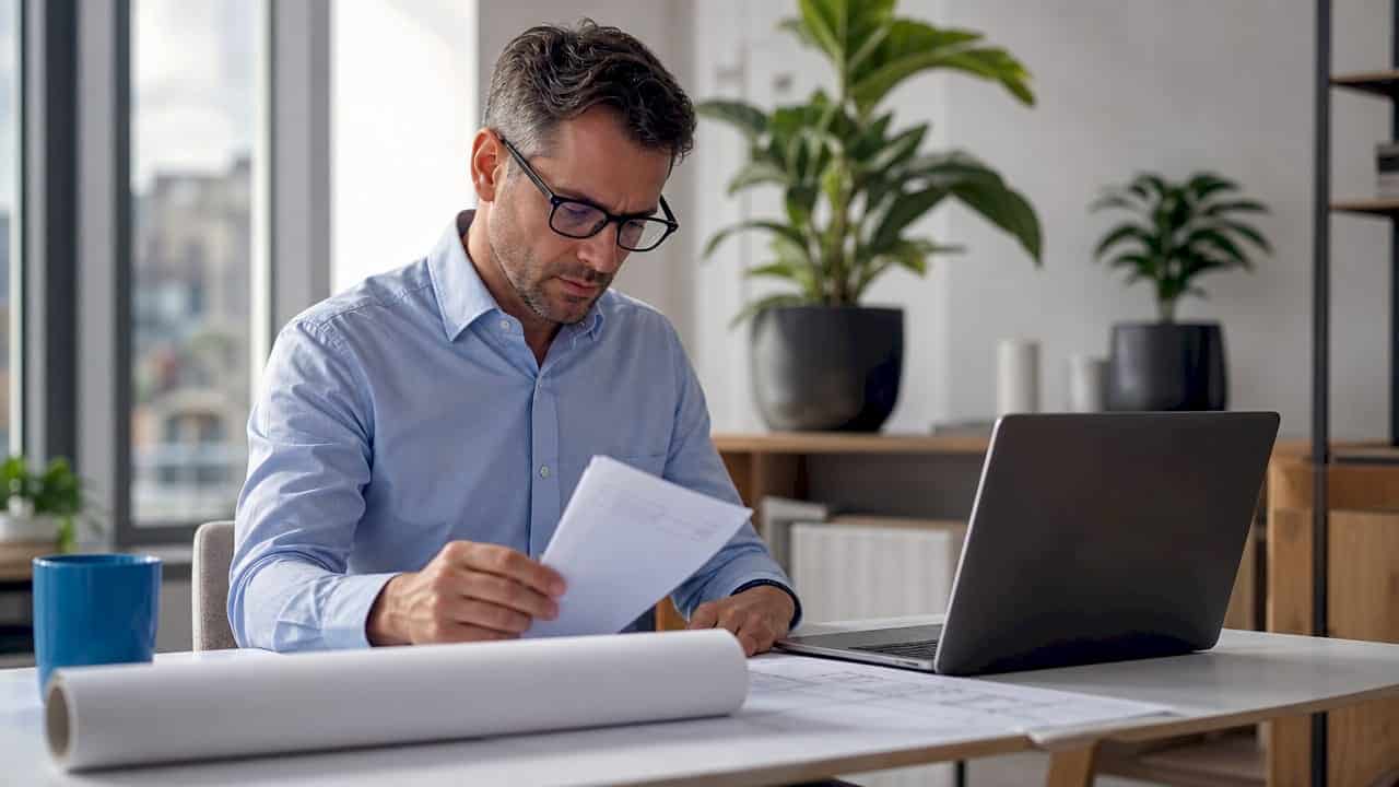 Ein Elektroingenieur prüft die Elektroinstallationspläne für ein Wohnhaus. Ein Elektroingenieur prüft die Elektroinstallationspläne für ein Wohnhaus.