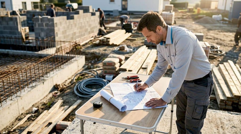 Der Ingenieur prüft die Elektroplanung im Rohbau.