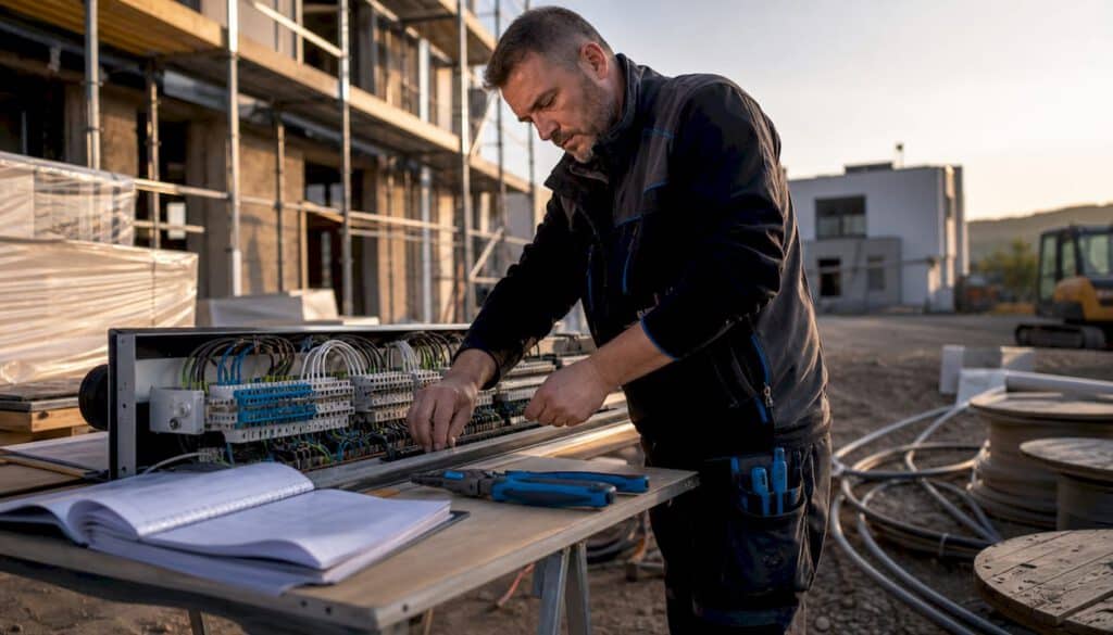 Ein Elektromeister führt in der Werkstatt eine gründliche Kontrolle der Schaltanlage durch.