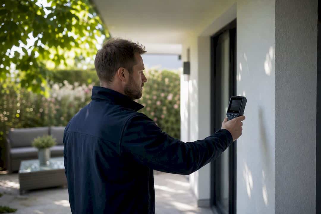 Ein Energieberater überprüft das Haus auf mögliche Einsparpotenziale und analysiert den aktuellen Energieverbrauch.