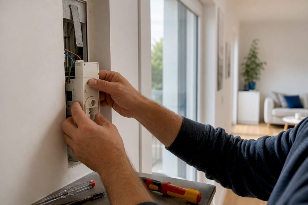 Nahaufnahme der Installation eines elektrischen Rollladenmotors