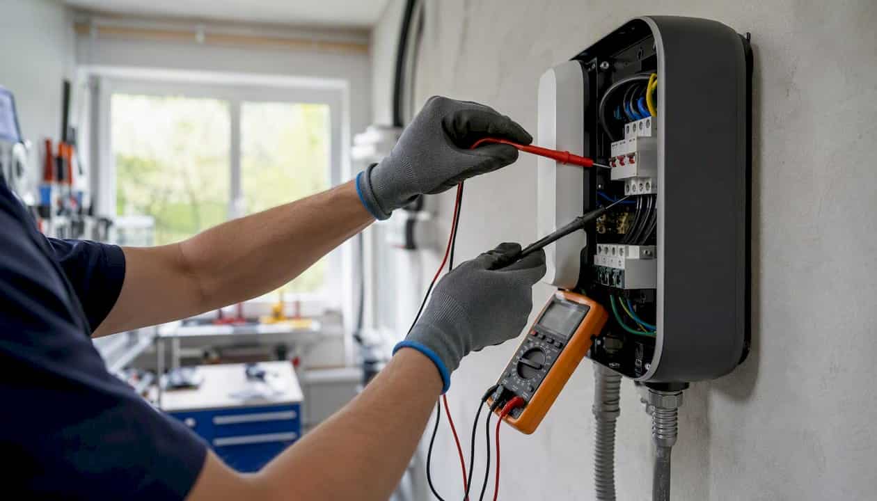 Ein Fachmann prüft die elektrischen Anschlüsse an der Wallbox auf ihre Sicherheit und Funktion.