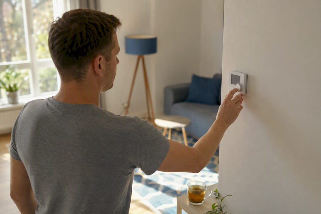 Hand, die das Thermostat zu Hause für die Heizung einstellt