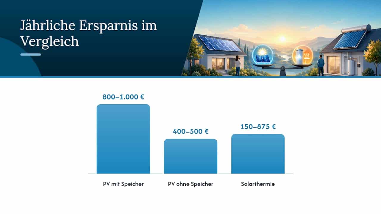 Jährlicher Einsparvergleich von Photovoltaik und Solarthermie