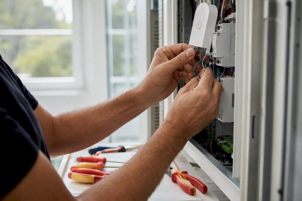 Hände, die ein Smart-Home-Sensorteil verkabeln