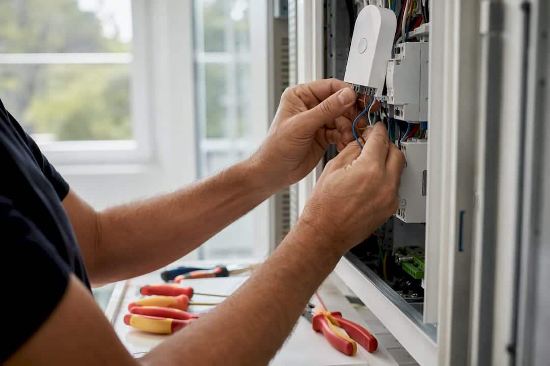 Hände, die ein Smart-Home-Sensorteil verkabeln