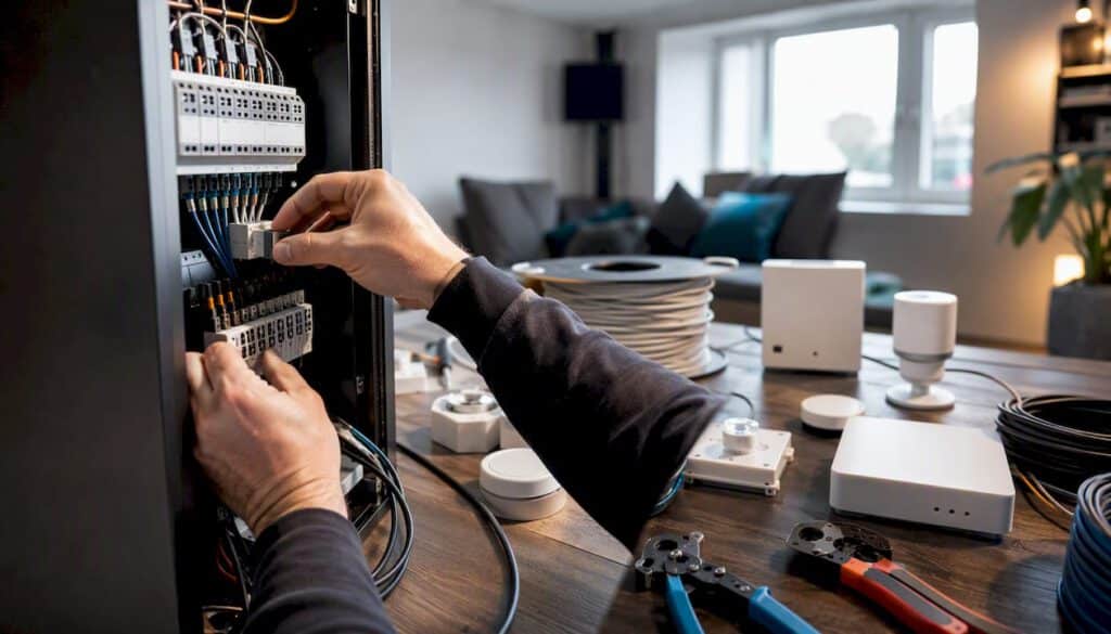 Smart Home einfach erklärt: Was Einsteiger wissen müssen 3 Ein Elektriker arbeitet an der Verkabelung eines Smart-Home-Verteilerkastens – Detailaufnahme.