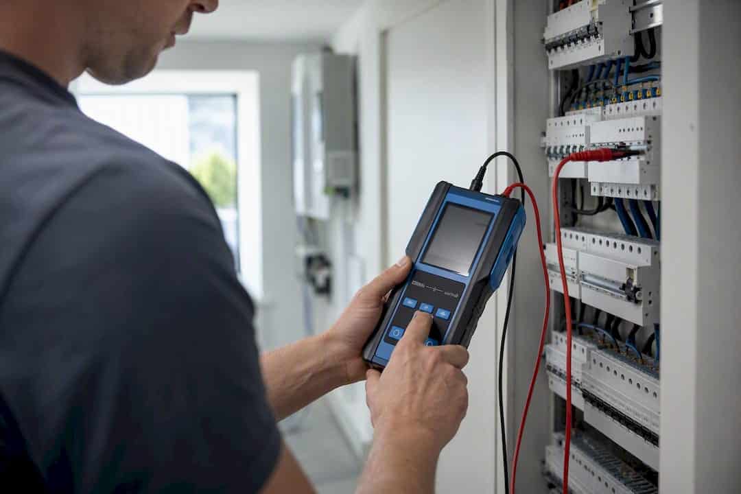 Richter Energietechnik: Elektriker vor Ort finden und buchen 1 Elektriker testet die Isolationswiderstände mit den Händen