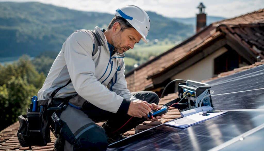 Solaranlage netzunabhängig: Autarkie planen und umsetzen 5 Ein Fachmann überprüft die Solaranlage auf dem Hausdach.