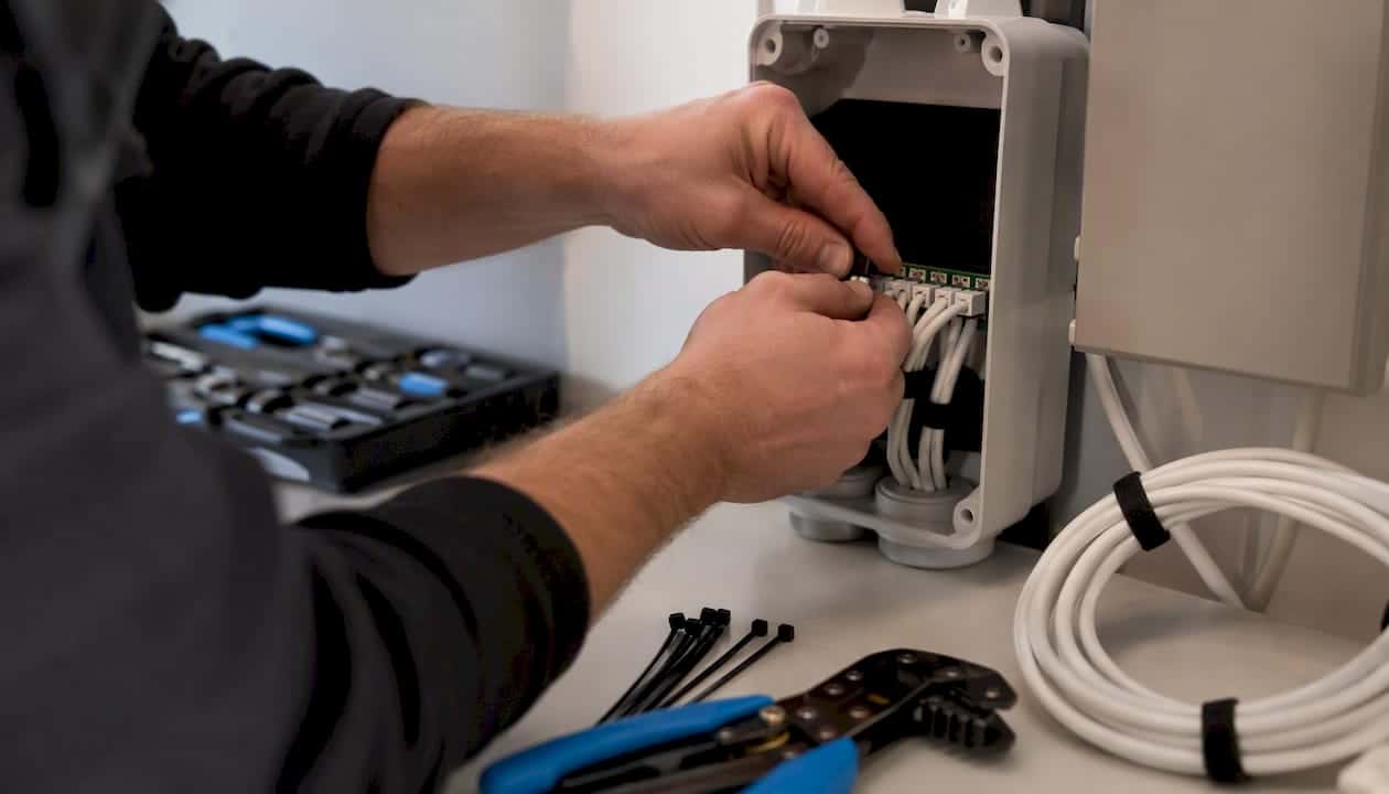 Ein Elektriker schließt die Steuerzentrale für das Smart Home an.