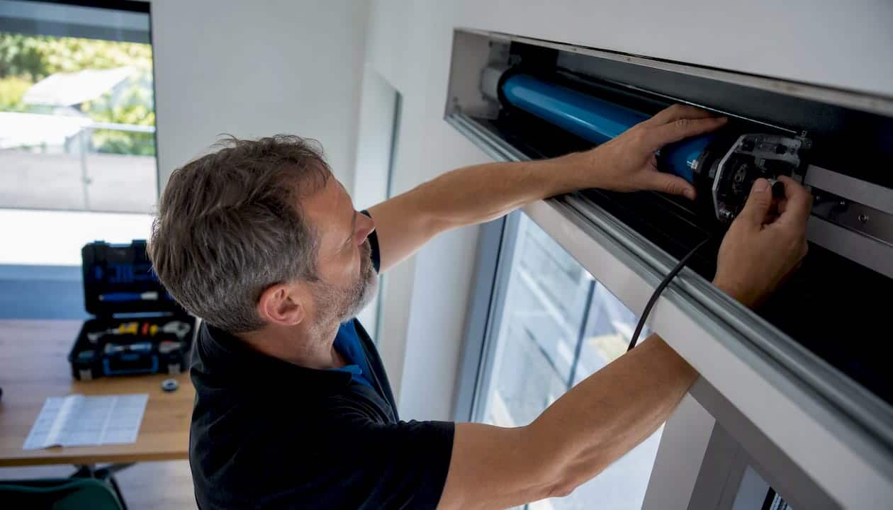 Ein Fachmann installiert einen elektrischen Rollladenantrieb. Ein Fachmann installiert einen elektrischen Rollladenantrieb.