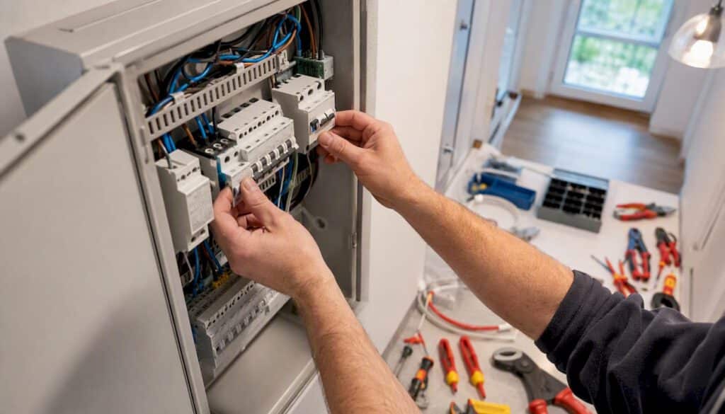 Ein Elektriker setzt einen neuen Leitungsschutzschalter in den Sicherungskasten ein.