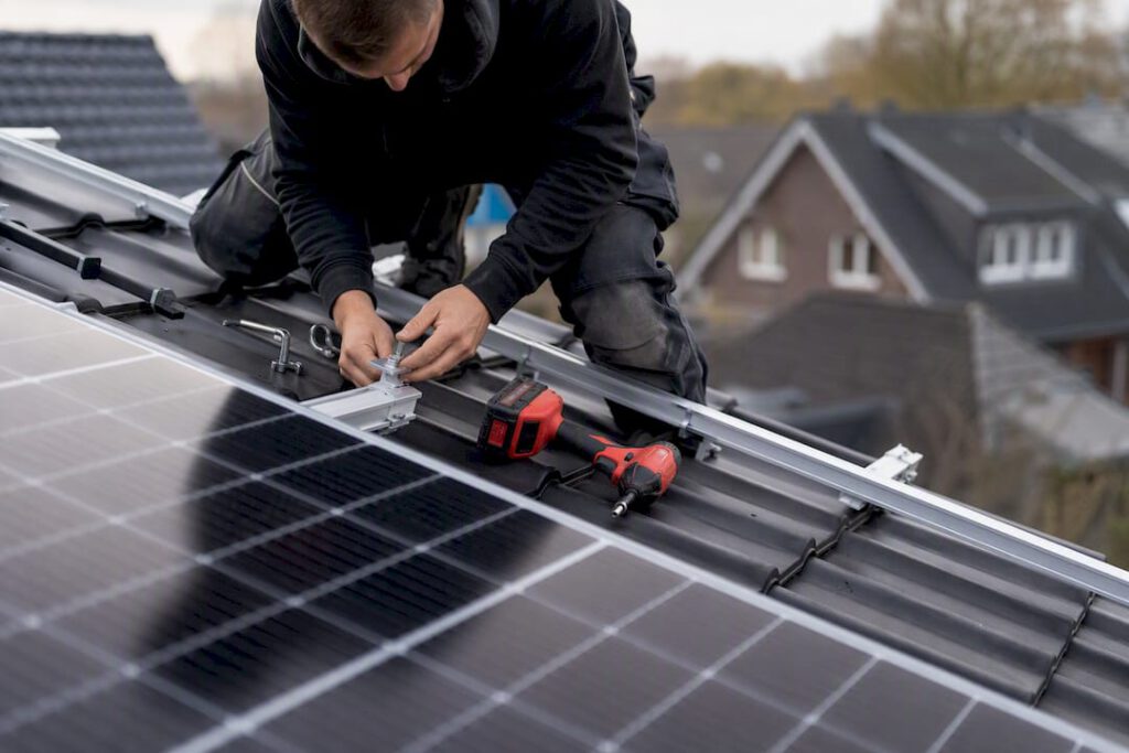 Hände beim Montieren von Solarmodulen auf dem Dach