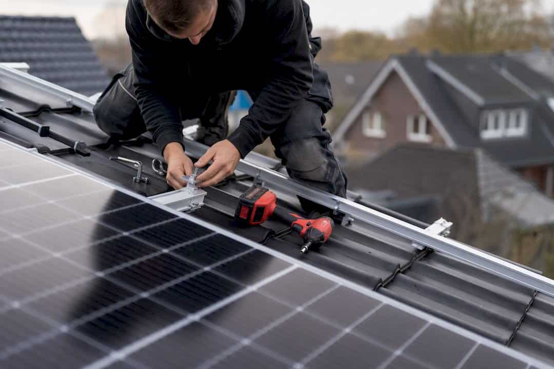 Hände beim Montieren von Solarmodulen auf dem Dach