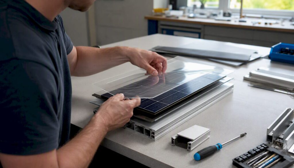 Hände setzen die einzelnen Schichten eines Solarmodells zusammen
