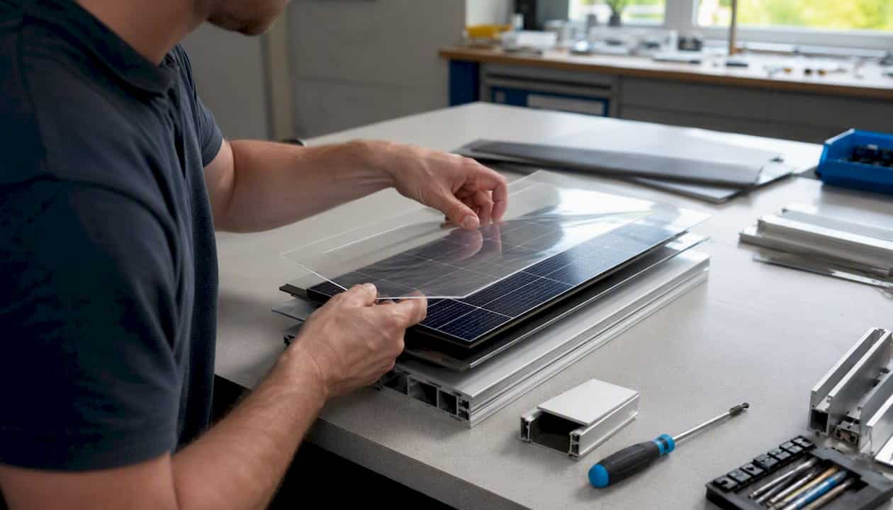 Hände setzen die einzelnen Schichten eines Solarmodells zusammen